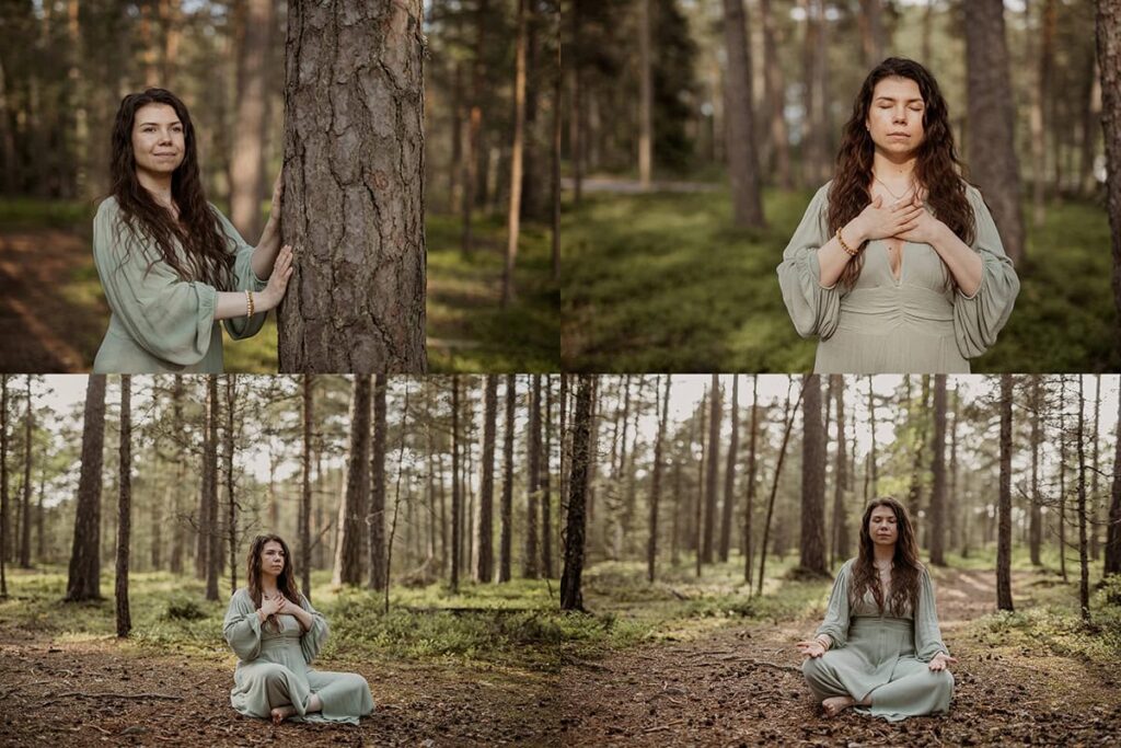 Neljä eri kuvaa naisesta metsässä.