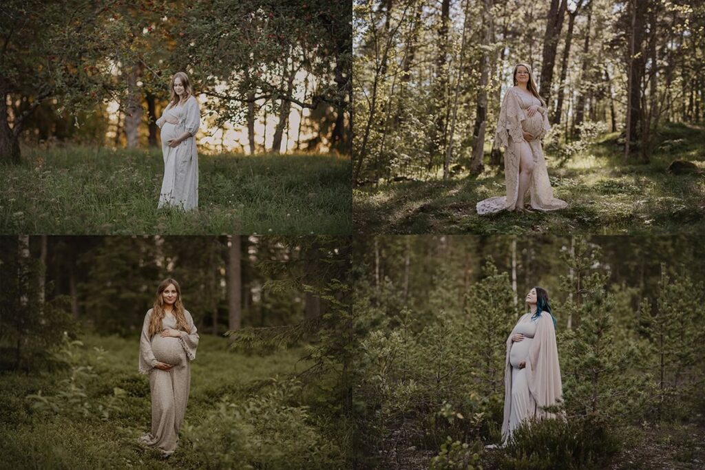 Fyra olika bilder på gravida kvinnor iklädda vackra unika gravidklänningar.