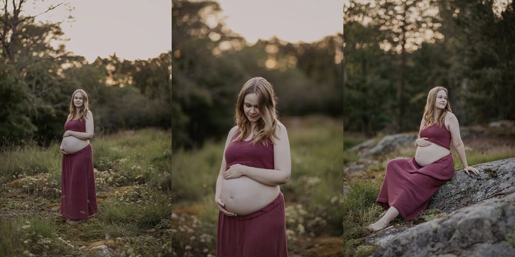 Tre olika bilder på en gravid kvinna klädd i stickad topp och kjol.