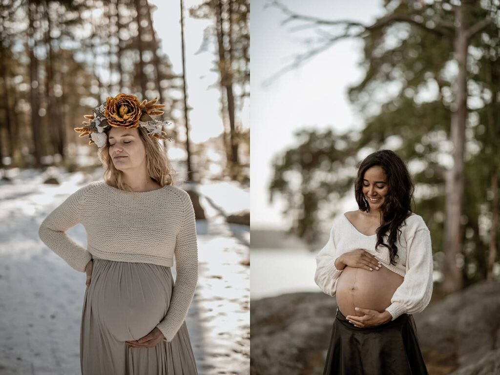 Två olika ylletröjor för gravidfotografering.