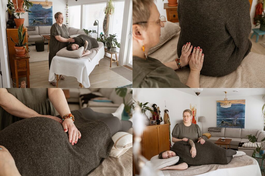 Reiki energiahoitoa neljällä eri tavalla, maaten ja istuen.