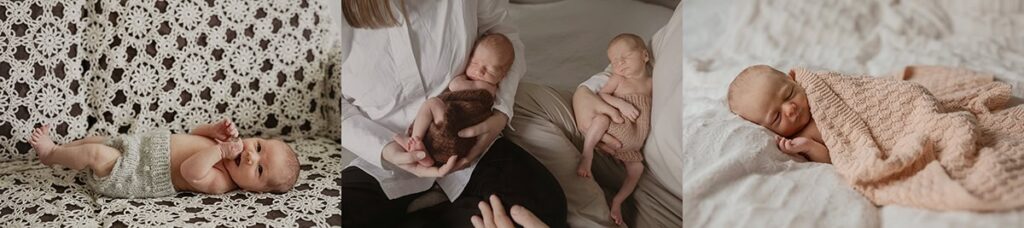 Vauva makaa kotona sohvalla ja vanhempien sylissä.