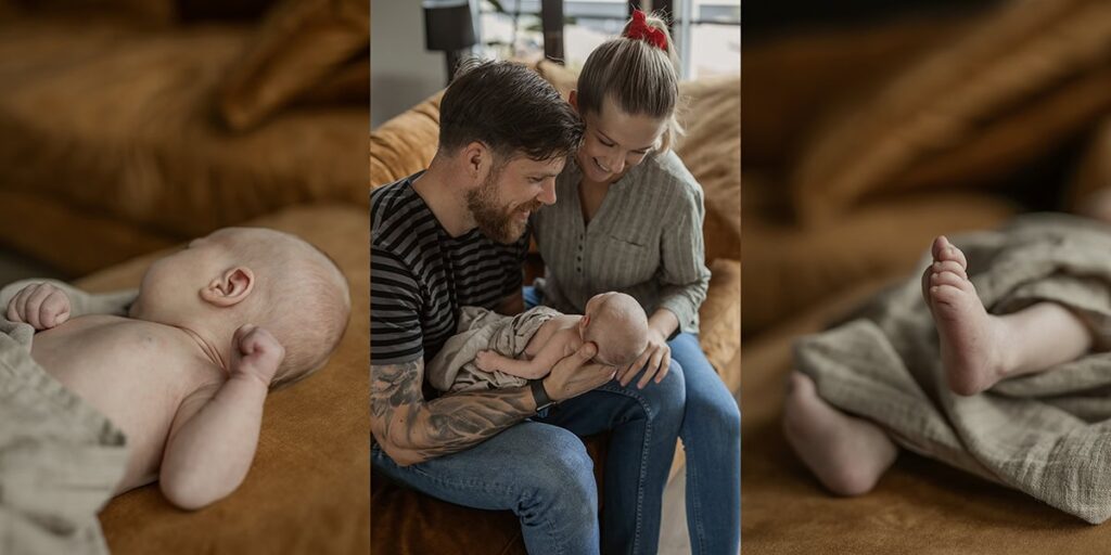 Lähikuvia vauvasta ja vauva vanhempien sylissä.