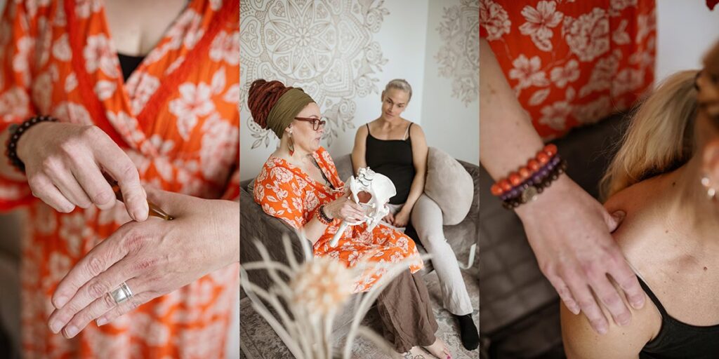 Doula näyttää miten akupisteitä voi käyttää kivunlievityskeinona synnytyksessä.