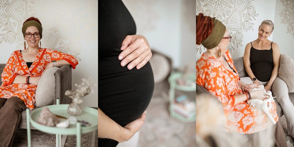 Raskaana oleva ja doula keskustelee.