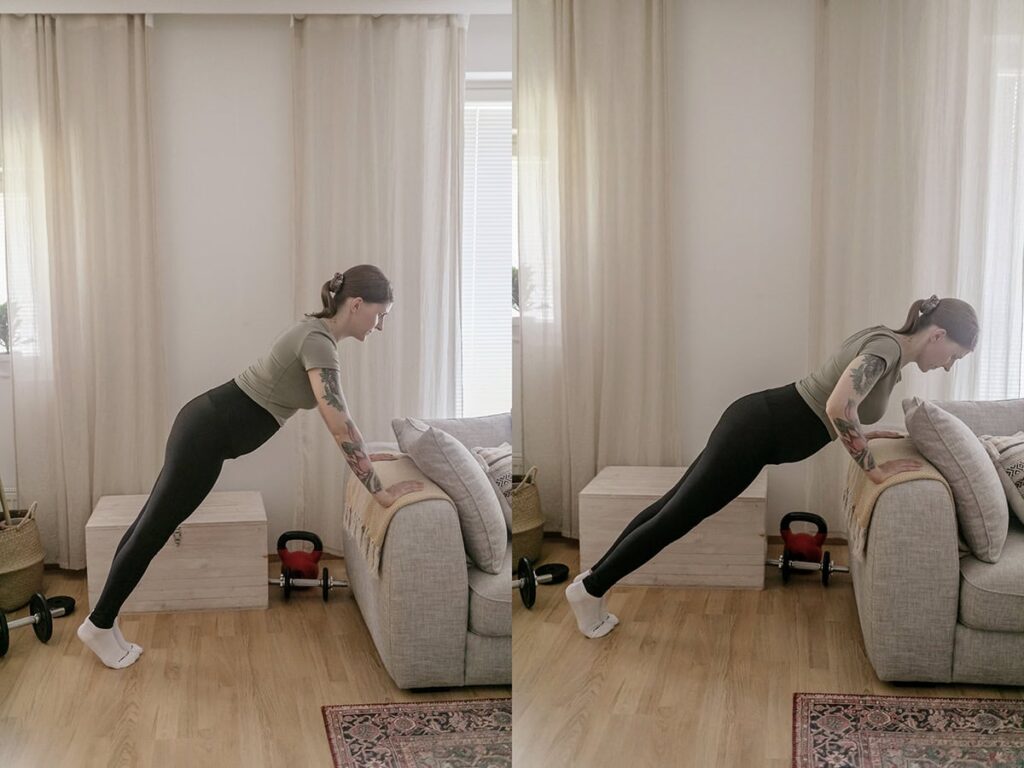 Personal trainer tekee etunojapunnerrus sohvaa vasten.
