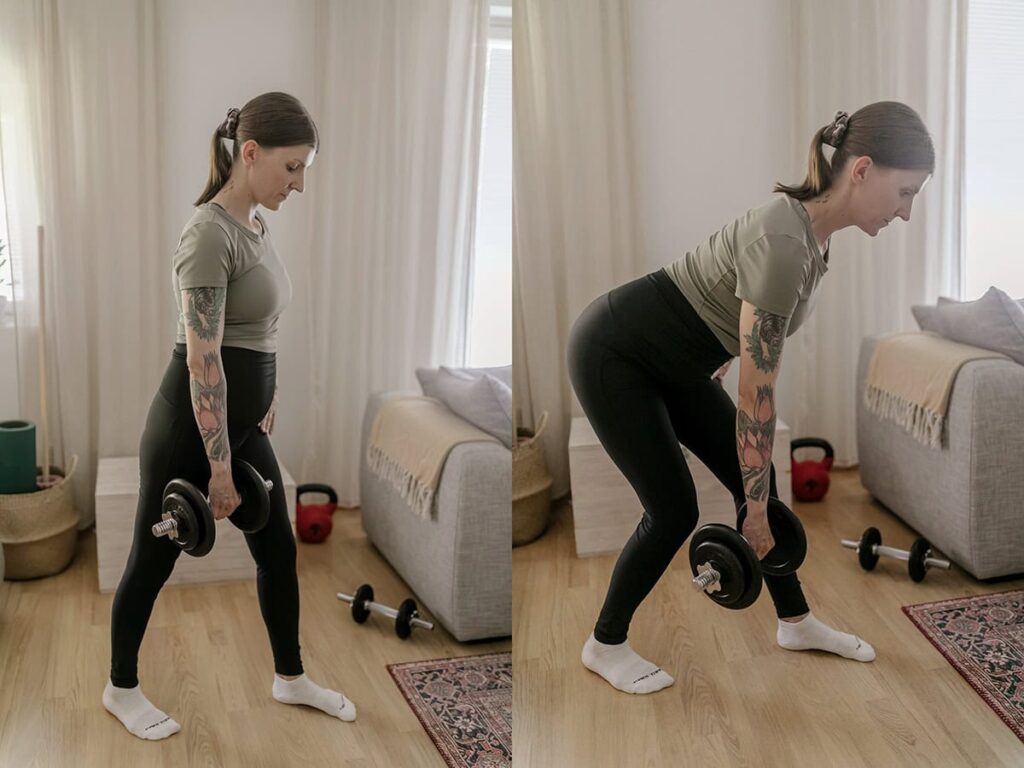 Personal trainer tekee maastaveto käsipainolla.